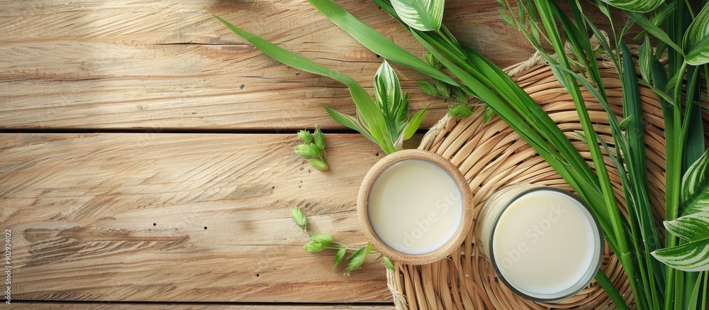 Aufkleber flat lay wooden table with a glass of milk and grass jelly with room for text in the image. creative