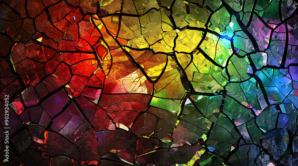 Poster abstract image of broken glass forming a colorful background with a spectrum of light