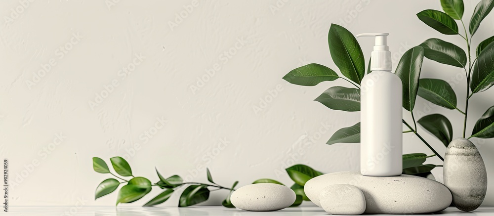 Aufkleber mock up of a unbranded white lotion or shampoo bottle with natural plant and stone decor for skincar