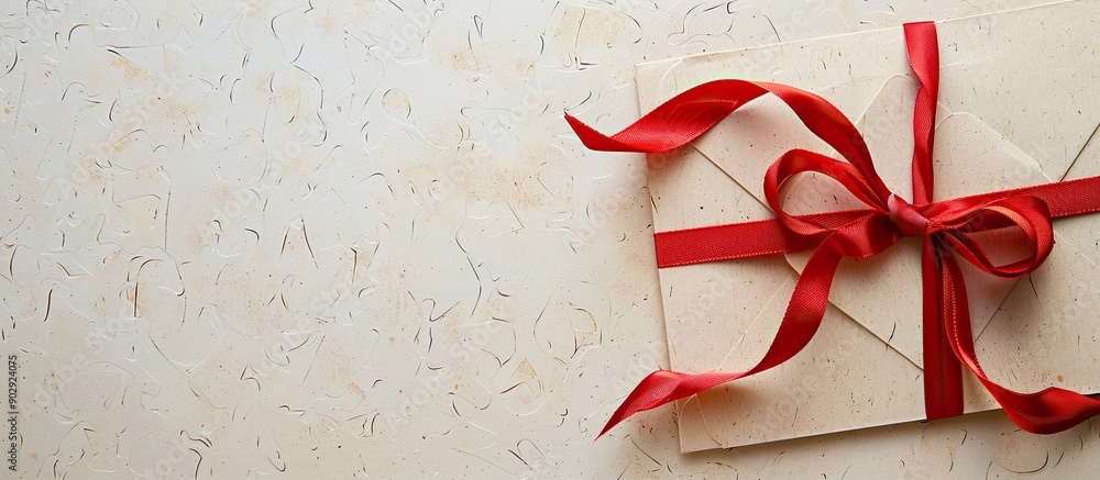 Poster wedding invitation displayed with a red ribbon on brown craft paper against a white background provi