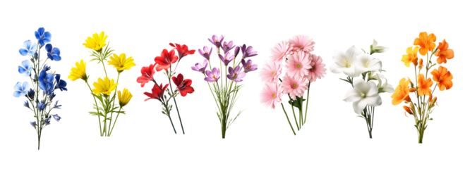 Collection various of beautiful flowers, blue flower, yellow flower, red flower, purple flower, pink flower, white flower and orange flower, isolated on transparent background.