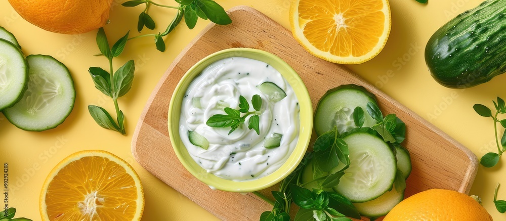 Leinwandbilder Preparing a Greek cucumber yogurt sauce with a top down view of a bowl of yogurt greenery cucumbers and oranges on a cutting board on a yellow kitchen countertop with space for adding images
