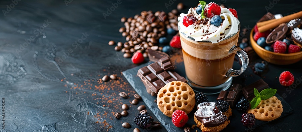 Aufkleber trendy korean whipped coffee with colorful drinks cakes berries chocolates and cookies on a dark tex