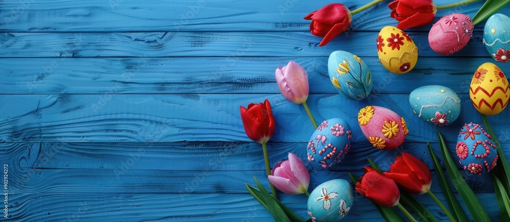Aufkleber easter day concept with colorful easter eggs painted with tulips on a blue wood background leaving s
