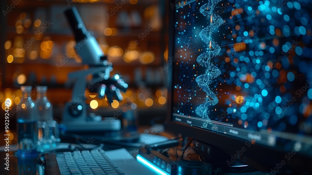 Aufkleber a computer monitor displays a digital model of a dna strand, a microscope is out of focus in the for