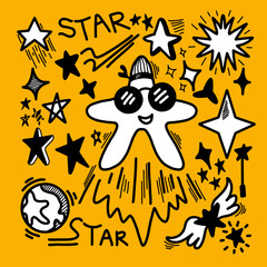 Star hand drawn set. Black vector star illustration drawn in doodle style on a yellow background