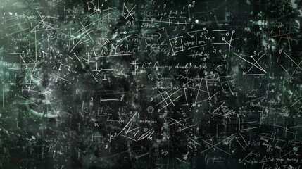 Many different math formulas written on chalkboard, closeup