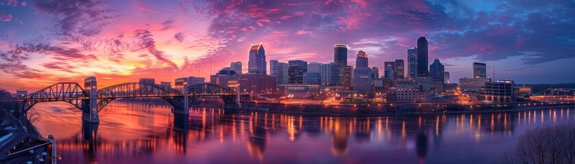 A city skyline is reflected in the water below a bridge. The sky is a mix of orange and blue hues, creating a serene and peaceful atmosphere