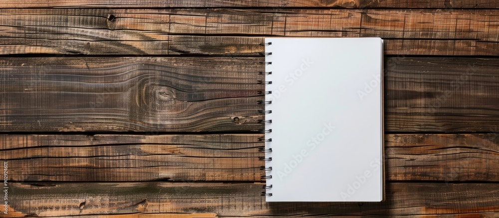 Poster top view of a notebook paper on a wooden surface ideal for business and education concepts with ampl