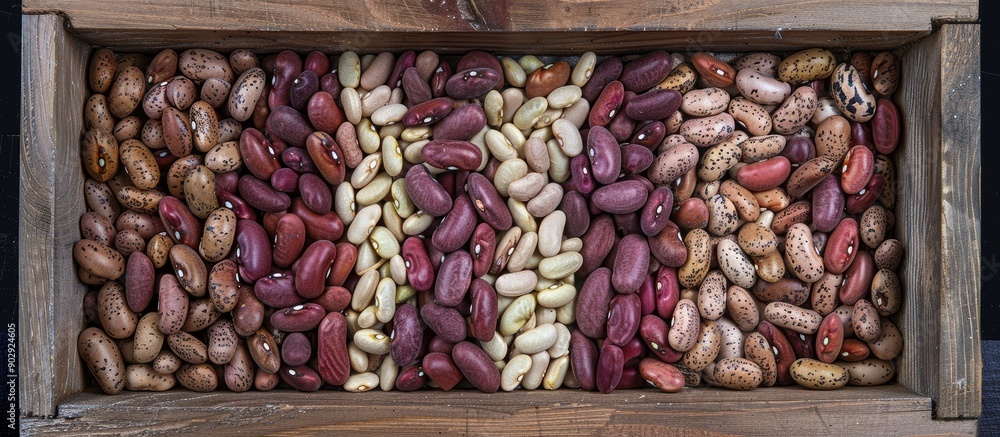 Aufkleber free copy space image of uncooked beans arranged in a top view inside a wooden box