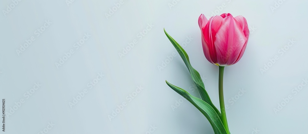 Poster Pink tulip on white backdrop in flat lay top view with selective focus and shallow depth of field leaving room for text in the copy space image