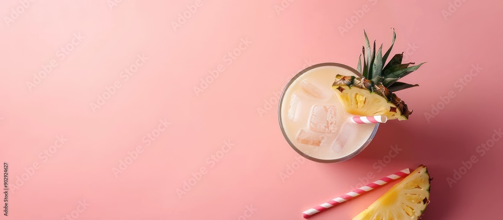 Aufkleber Pink summer background with a pineapple drink top view flat lay showcasing the set room for text in the image. Creative banner. Copyspace image