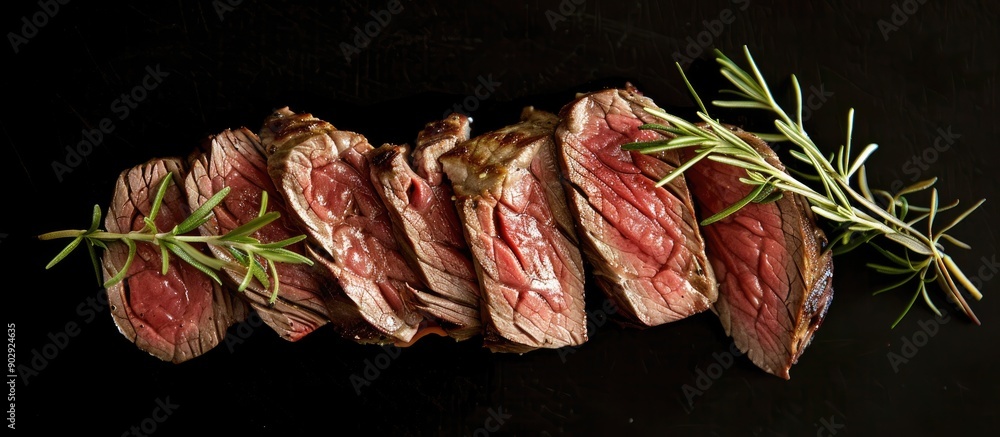 Sticker A sliced beef steak garnished with a sprig of rosemary stands alone on a black backdrop offering ample copy space image