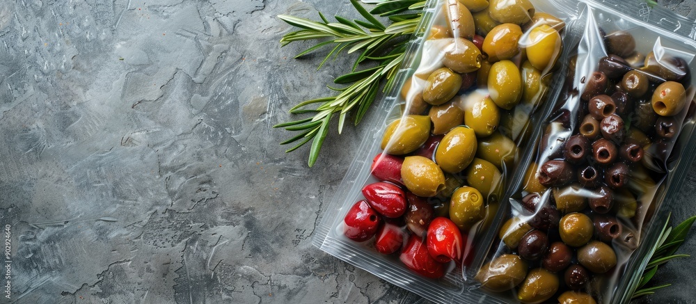 Poster Top view of olives in an unlabeled vacuum pack on a gray stone table with space for text in the image. Creative banner. Copyspace image