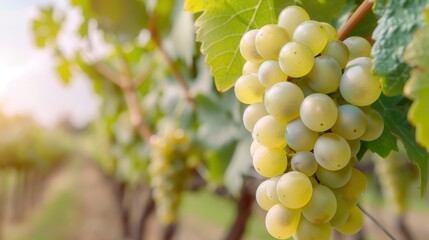 Close-up of fresh green grapes hanging on a vine in a sunlit vineyard, symbolizing abundance and nature's beauty.