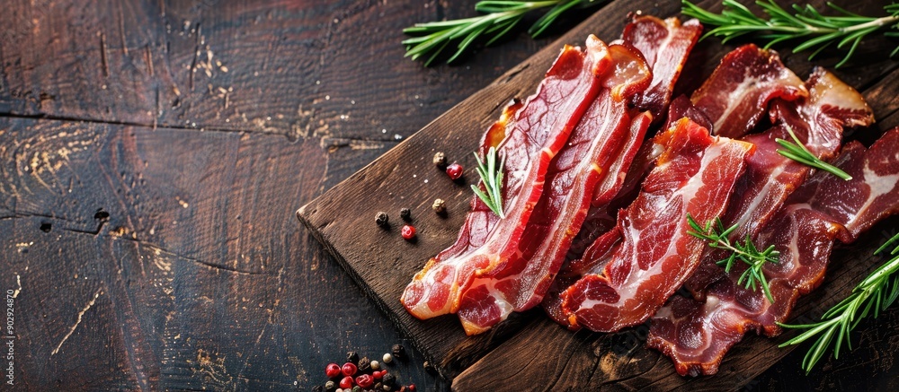 Aufkleber Fresh bacon strips displayed on a rustic table with a top view creating a mouth watering copy space image for a delicious snack