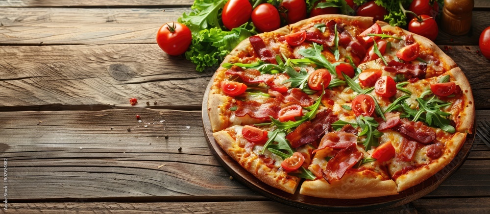 Aufkleber pizza topped with tomatoes bacon and salad on a wooden backdrop with ample copy space image