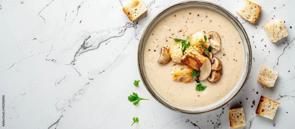 Poster top down view of a tasty mushroom cream soup with croutons on a white marble surface featuring copy 
