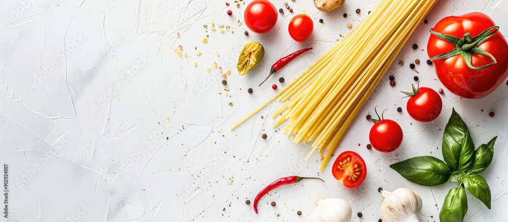 Leinwandbilder top view of raw italian spaghetti with vegetables on a white background displaying copy space image