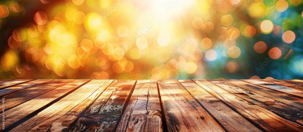 Leinwandbilder wooden table ready for showcasing products with a soft colorful bokeh background ideal for a copy sp