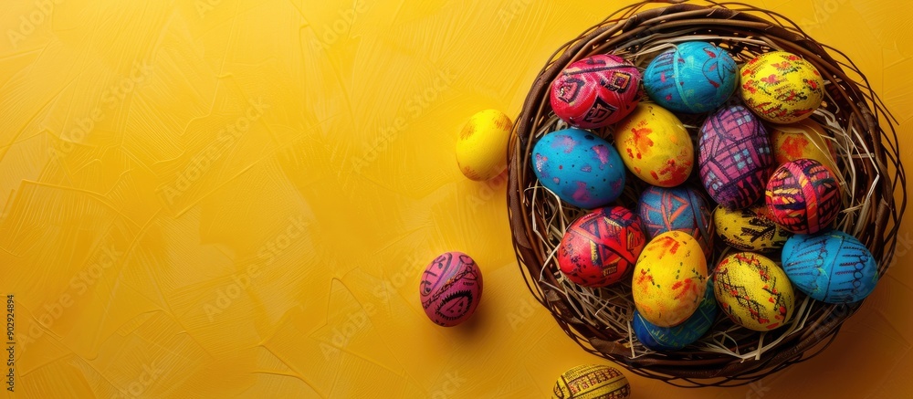 Poster panoramic view of a wicker basket filled with vibrant easter eggs on a yellow paper background with 