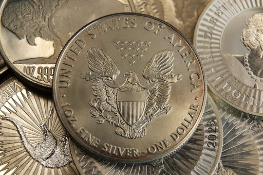 A pure silver coin of the United States of America. 1 dollar American silver eagle one ounce.