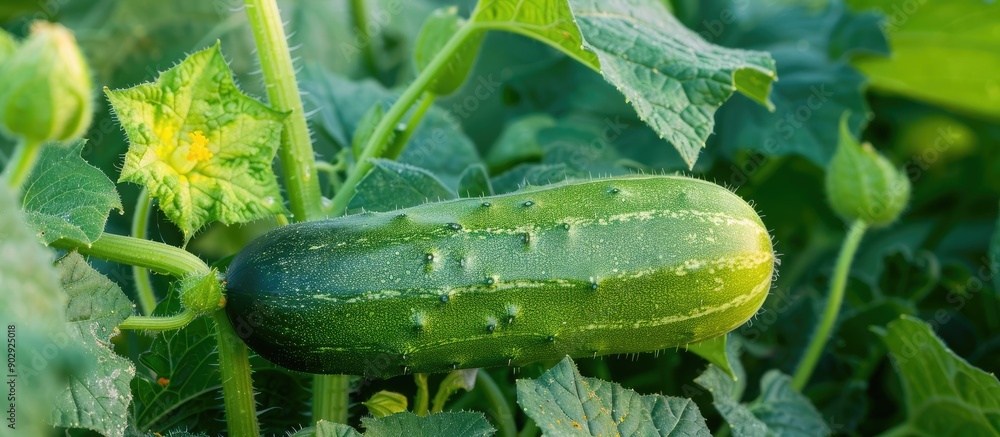 Aufkleber A young cucumber thrives in the greenhouse with a background perfect for adding text or graphics copy space image