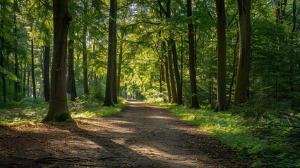 Fototapeta premium Sunlit Forest Path: A Tranquil Journey Through Nature's Embrace