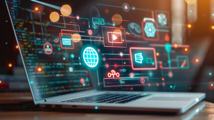 Digital learning concept with a laptop and floating icons for different aspects of online education