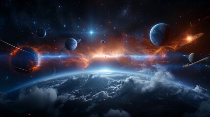 Obraz premium Cosmic landscape with nebulae, stars, and planets, rendered in hyperrealistic detail
