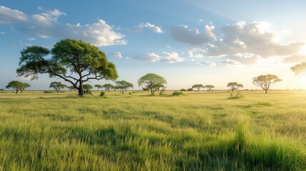 Obraz premium A serene landscape showcasing lush grasslands and scattered trees under a bright sky, perfect for nature lovers and outdoor enthusiasts.