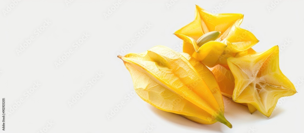 Aufkleber isolated white background displays a ripe starfruit or carambola in a close up image with copy space