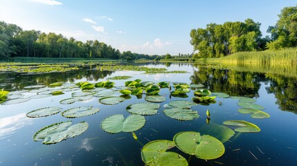 Serene landscape with lily pads floating on a tranquil lake, surrounded by lush greenery under a clear blue sky.
