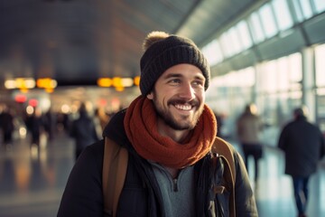 Fototapeta premium Portrait of a cheerful man in his 20s donning a warm wool beanie in bustling airport terminal