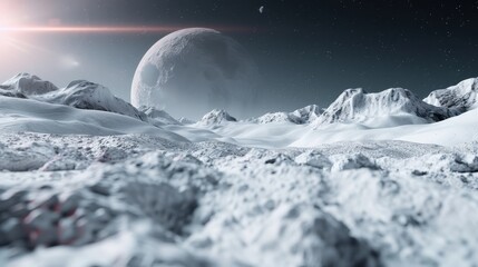 This stunning image features snow-covered alien mountains with a large moon prominently visible in...