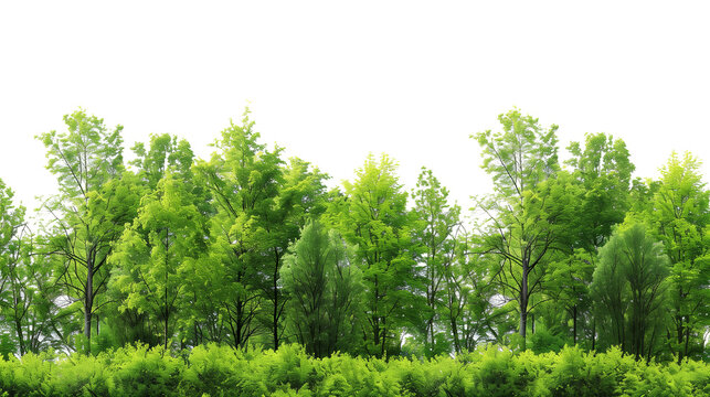 una foresta lussureggiante con una variet&agrave; di alberi e piante verdi. La vegetazione &egrave; fitta e rigogliosa, creando un ambiente naturale e sereno. Su sfondo trasparente, cut-out.