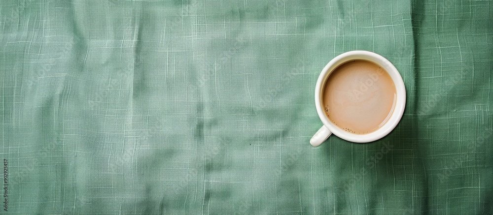 Aufkleber Top down view of a white coffee cup on a green linen surface with empty copy space image