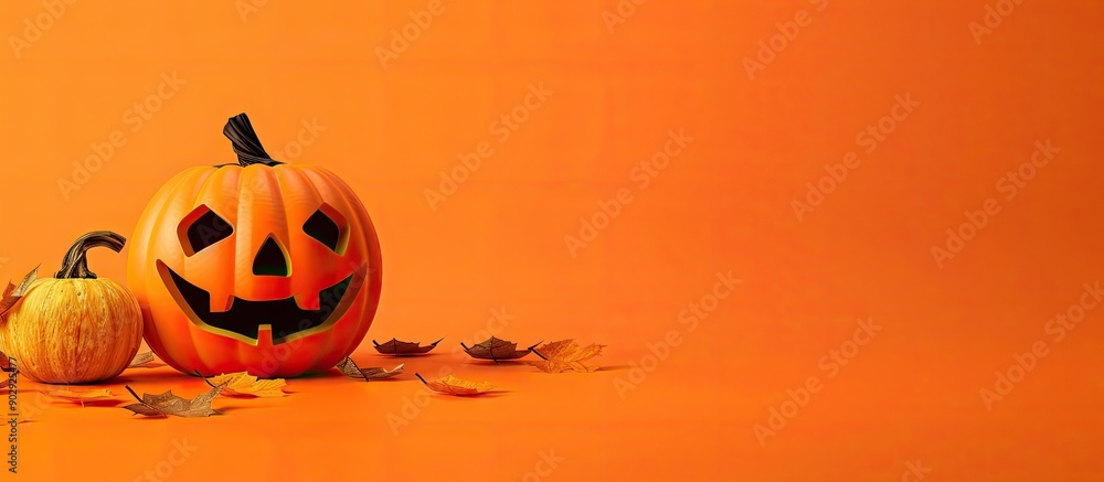 Poster halloween themed concept with a pumpkin and kitchen props on an orange background suitable for addin