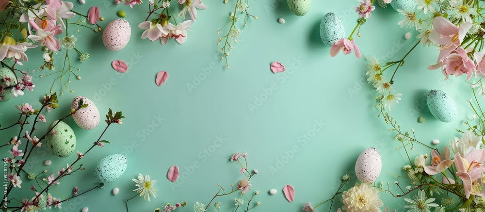 Aufkleber A festive Easter table arrangement with eggs and flowers displayed on a green surface in a top down view allowing for text in the empty area of the image. Creative banner. Copyspace image