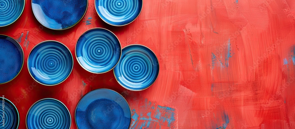 Poster top view of a striking pattern of blue plates on a vibrant red backdrop with ample copy space image
