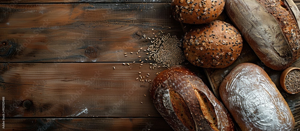 Poster overhead shot of diverse homemade multigrain bread loaves on a wooden surface with a blank space for