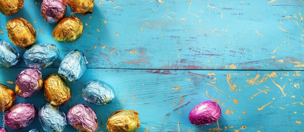 Aufkleber a light blue wooden table adorned with colorful foil wrapped chocolate eggs providing ample copy spa