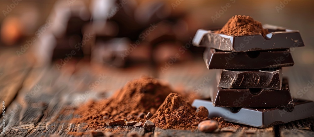 Fototapete Selective focus on dark chocolate cocoa solids and cocoa powder against a wooden backdrop in a copy space image