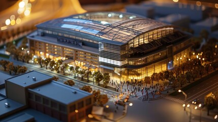 Generate a photo realistic image of a maquette illustrating a sports arena with seating arrangements, sports facilities, and spectator amenities; ensure the image is of high resolution for clear