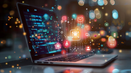 Digital learning environment with a laptop and floating icons representing various e-learning tools