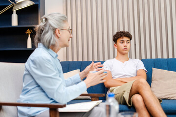 Obraz premium Psychologist listening to her teenage patient talking about problems