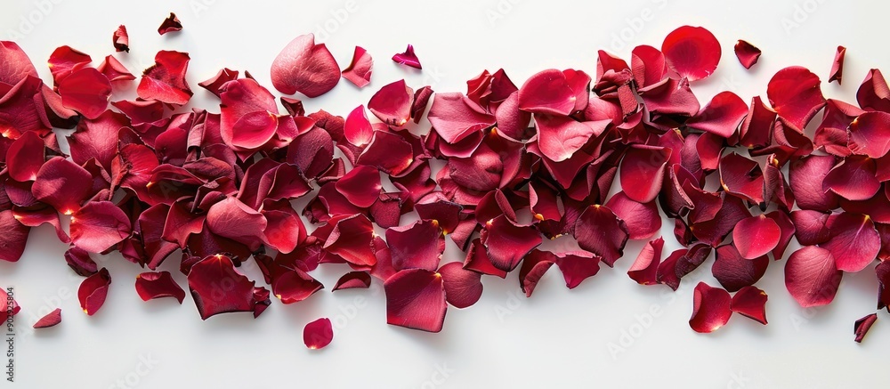 Poster top view of rose petals on white background provides copy space image