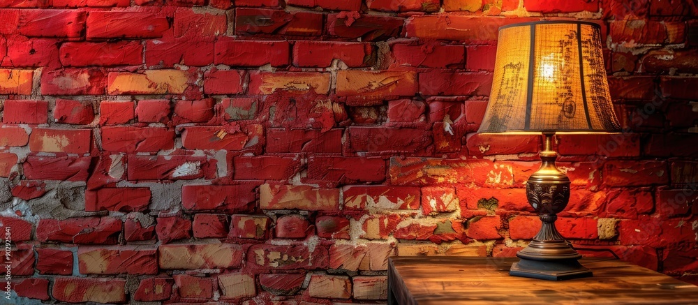 Fototapete Interior setting featuring an old lamp with a lampshade on a table set against a red brick wall background creating a suitable copy space image