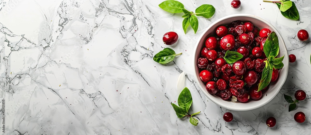 Poster white table displaying dried cranberries green leaves and ample copy space image