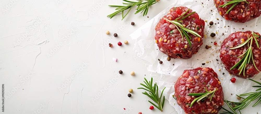 Aufkleber an overhead shot of homemade raw meat patties on a white background with room for text or other elem